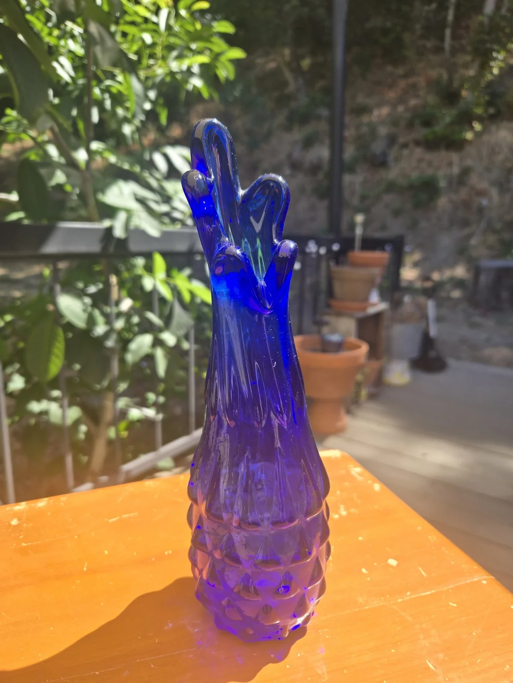 Cobalt Blue Swung 5 Finfer Glass Vase - Textured Pineapple